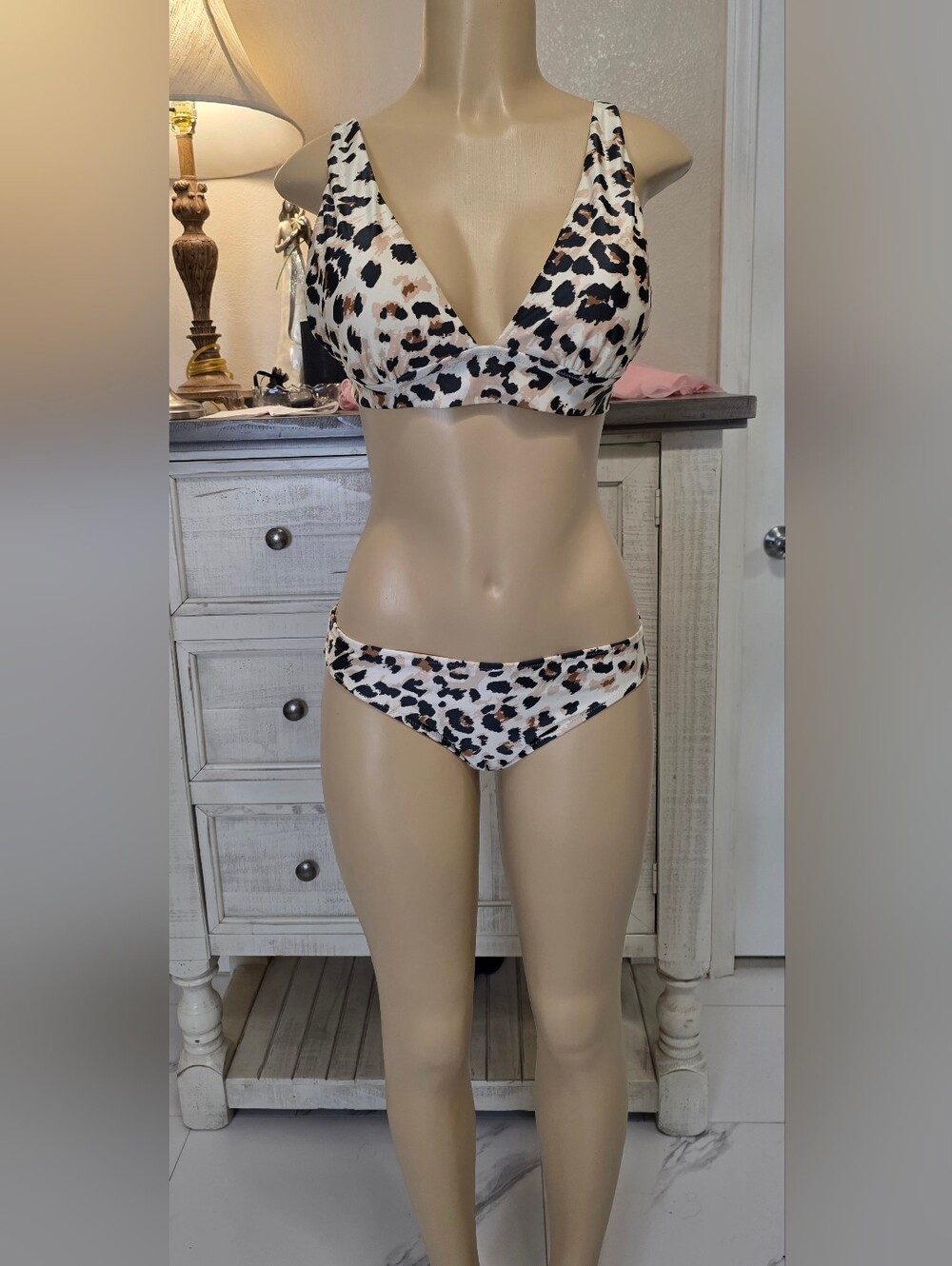 Aerie Leopard Print V-Neck Bikini Top and Bottom - Beige/Black - Picture 5 of 6